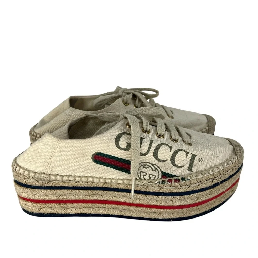Gucci Cream Canvas Platform Espadrille Sneakers with Red and Green Stripes